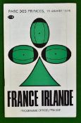 1974 France v Ireland (Champions) Rugby Programme â€“ played on 19/01/74 at Parc des Princes, with