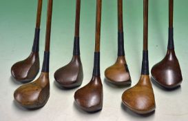 7x good variety persimmon socket head woods to incl St Andrews spoon, 3x brassies one by A Bennett