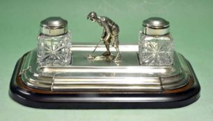 Fine Mappin & Webb silver plated golf inkwell desk top set for 2 pens â€“ comprising a golfing
