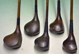 5 x Assorted socket neck woods including a large headed Forgan shallow faced brassie, a stripe top