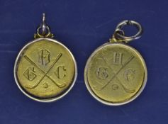 2x early H.G.C "1st Class" small yellow metal golf medals â€“ the one is dated 1894 and the other