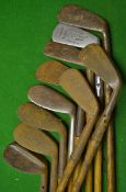 10x Various irons including a Maxwell niblick, a mid iron, 2 x mashie niblicks, a deep faced mashie,