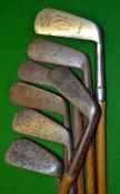 7x clubs including matching Ascot crown model two iron, deep mashie, and a bent neck putter, a Tom