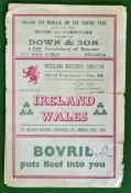 1949 Ireland (Champions) v Wales Rugby Programme â€“ played on 12th March at St Helens, Swansea,