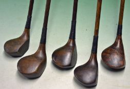 5 x Assorted socket neck woods in stained Persimmon incl an Albert Hedges, Surrey spoon, an R Forgan