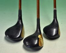 Set of 3 x matching black stained persimmon socket neck woods - including a driver, a brassie and