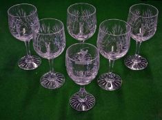 6x cut glass golfing wine glasses â€“ 5x engraved L.M.H.G.S. and a golfing male figure and dated