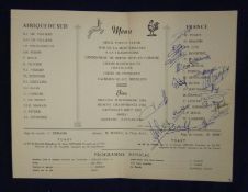 1968 Signed France v South Africa Rugby Dinner Menu â€“ on 16/11/68 signed by 17 French players to
