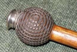 Scarce Golfers walking stick c. 1890s - fitted with a large wooden square mesh golf ball approx 2"