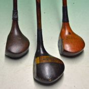 3 x Left handed socket neck woods to incl a large head spoon stamped H Hunter, a golden persimmon