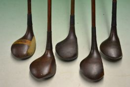 5 x Assorted persimmon socket neck woods to include Josh Taylor large head spoon, a Simpson of