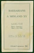 1940 Barbarians v Midland XV Rugby Programme - played at L.F.C. Ground Leicester 23rd March 1940