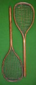 Pair of early one piece wooden junior play rackets c/w period stringing (2x minor stress cracks to
