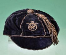 Royal Air Force Rugby/Football cap - navy blue with RAF logo on front. Gold braid and tassel. In