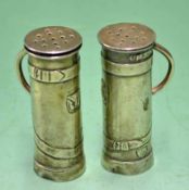 Pair of early silver golfing condiments â€“ matching golf bags both hallmarked Chester 1908 â€“