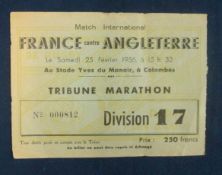 1956 France v England Rugby Match Ticket â€“ played on 25/02/56 at Colombes, without stub