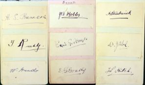 9 x Early Surrey Cricket Player`s signatures c. 1900s â€“ to include J.B. Hobbs (157 Int` Apps), E.G