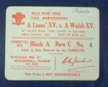 1955 Lions` XV v Welsh XV Match Ticket - Welsh Rugby Union 75th Anniversary played at Cardiff Arms