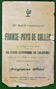 1959 France (Champions) v Wales Rugby Programme â€“ played on 04/04/59 at Olympique de Colombes, a