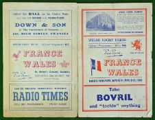 1950 & 1952 France v Wales Rugby Programmes - 1950 played at Cardiff Arms Park 25th March 1950