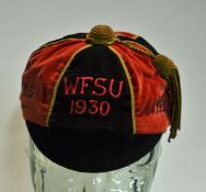 1930 WFSU (New Zealand) Rugby Cap â€“ six panel black and red velvet cap with embroidered dates 1931