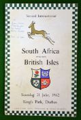 1962 British Lions v South Africa Rugby Programme - 2nd Test 1â€“ played at Kings Park, Durban on