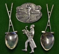 Collection of golfing related silver ware to incl 2x tea spoons with crossed golf club handles and