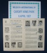 1957 Welsh XV v International XV Rugby Signed Programme â€“ played at Cardiff Arms Park on 06/04/