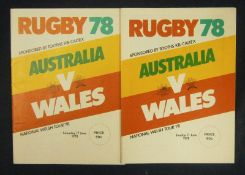 2 x 1978 Australia v Wales Signed Rugby Programmes â€“ to include on11/06/78 at Ballymore