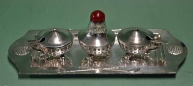 Silver plated lattice golf ball condiment set and tray â€“ comprising pepper, salt and mustard