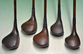 5 x Socket neck woods in stained persimmon - with William Gibson Star model small headed driver, t/w