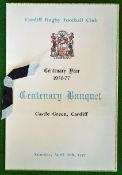 1976 Cardiff Rugby Football Club Centenary Banquet Dinner Menu â€“ held on 16th April at Castle