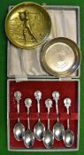 Collection of golfing silver, silver plate and brass ware items to incl silver hall marked trinket