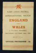 Rare 1950 England v Wales Rugby League Match Programme â€“ played on 14/10/50 at The Park,