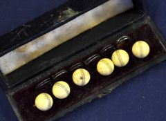 Scarce set of 6x ivory cricket ball dress buttons and case c. 1900 â€“ c/w links