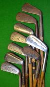 9 x Assorted irons to include an unusual square toe round back mashie by Spalding, a Maxwell mashie,