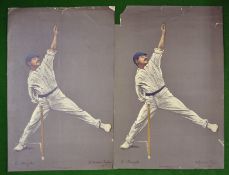 2x Original Chevalier Taylor colour lithograph cricket print 1905 â€“ titled S Haigh - printed by