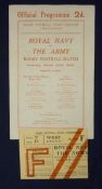 1929 Royal Navy v The Army Rugby Match Programme and Ticket â€“ played on 23/03/29 at Twickenham,