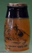 A rare Royal Doulton stoneware/silver rim golf quart pitcher circa 1915, with blue top c/w silver