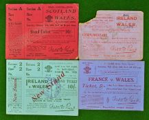 4x 1920s Wales Rugby Tickets to incl v Scotland 25, v Ireland 26 (corner torn) and 28 and v France