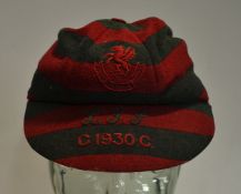 1930 Welsh rugby/cricket Cap - green and red ringed cloth cap with embroidered a dragon crest and