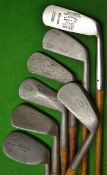 Set of playable irons including 3 x Tom Stewart, a Gibson star model mashie, a large head FH Ayres