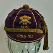 1929/30 Wales International Trials Rugby Cap â€“ purple velvet cap with gold braid embroidered