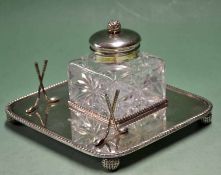 Fine silver plated inkwell and stand â€“ comprising cross golf club pen rest, cut glass inkwell with