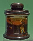 Scarce Royal Doulton Golfing Kingsware series tobacco jar â€“ dark treacle finish decorative with