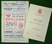 1953 England (Champions) v Wales Rugby Programme and Dinner Menu â€“ played on 17th January at