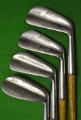 4 x Unusual and very playable matching bottom weighted irons with the mitre brand to the sole,