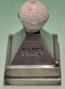 1920s "Fore!" silver plated golf table lighter comprising pyramid style golf tee shaped lid