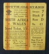 1951 South Africa v Wales Rugby Match Ticket â€“ played at Cardiff Arms Park on 22/12/51, with no