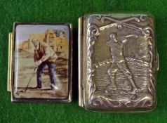 2x Silver golfing pill/snuff boxes to incl one with enamel lid of Tom Morris putting and